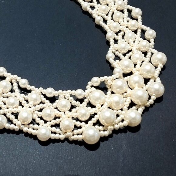 Vintage White Faux Pearl Woven Choker Collar Style Beaded Necklace - Picture 4 of 5